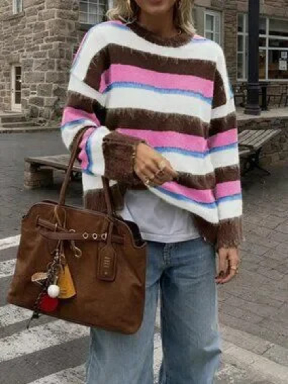 ZARA Pink Casual Women's Lazy Round Neck Striped Long Sleeve Sweater